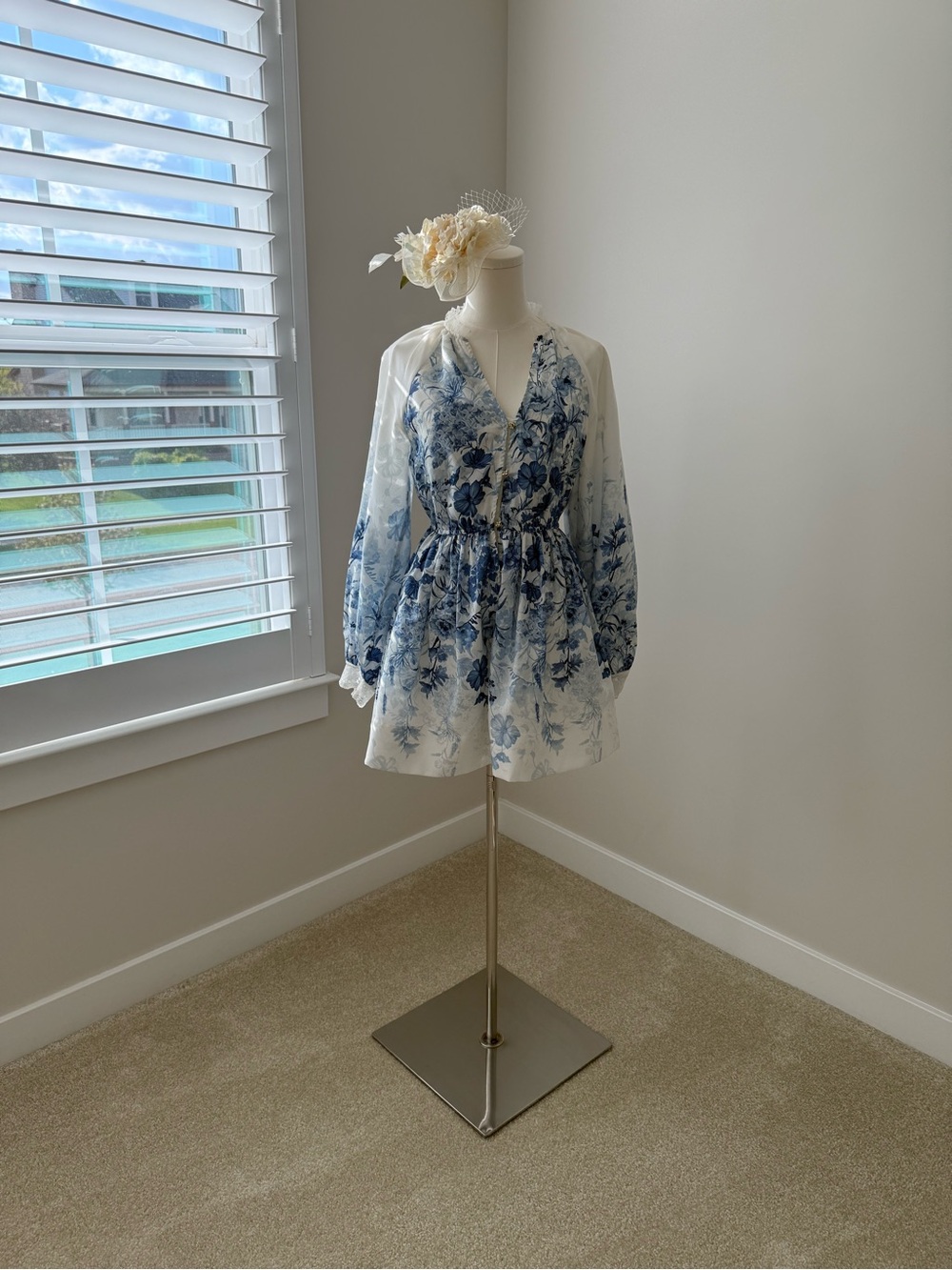 Anthropologie Blue & White Floral Mini Dress with Lace Trim - Picture 6 of 12